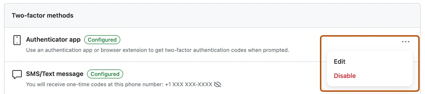 GitHub screenshot showing an "Edit" and "Disable" option for the 2FA method